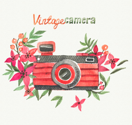 Watercolor flowers and cameras vector material