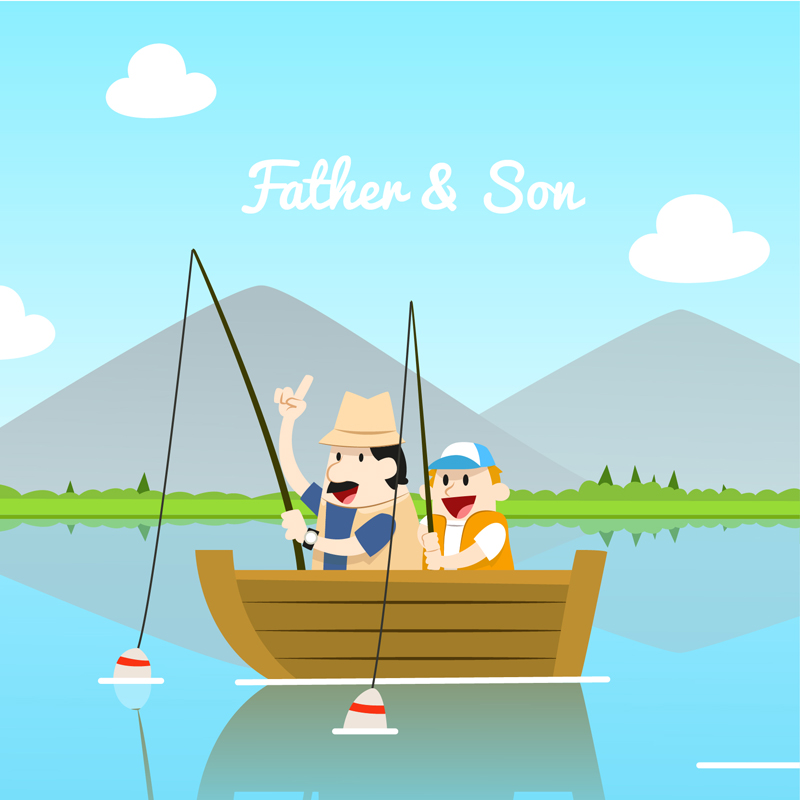 Cartoon father and son fishing Vector material