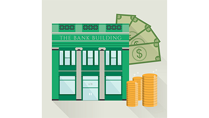 Bank building and currency design vector material