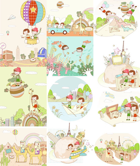 Travel Theme Dream Children Painting Vector material