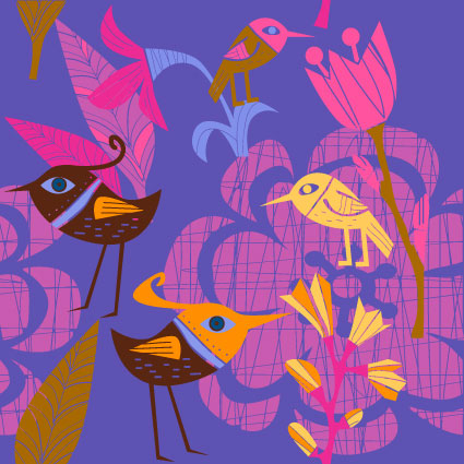 Lovely hand-painted flowers and birds vector -1