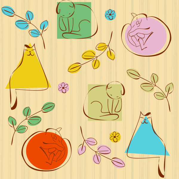 Line art cute cat pattern 05 - vector material